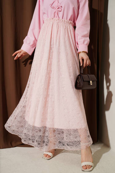 Beli Lastikli Çiçek Dantelli Etek Pudra - Etek