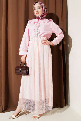 Beli Lastikli Çiçek Dantelli Etek Pudra - Etek