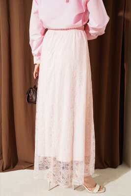 Beli Lastikli Çiçek Dantelli Etek Pudra - Etek