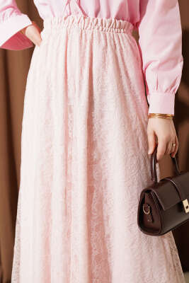 Beli Lastikli Çiçek Dantelli Etek Pudra - Etek