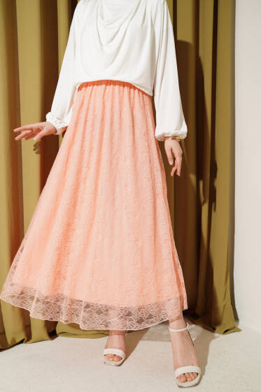 Beli Lastikli Çiçek Dantelli Etek Somon - Etek