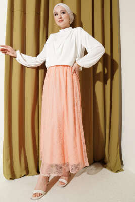Beli Lastikli Çiçek Dantelli Etek Somon - Etek