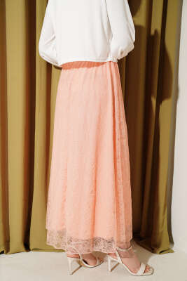 Beli Lastikli Çiçek Dantelli Etek Somon - Etek