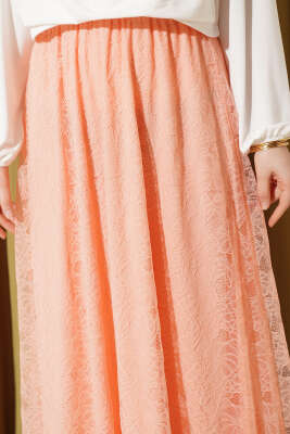 Beli Lastikli Çiçek Dantelli Etek Somon - Etek