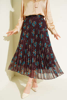 Beli Lastikli Çiçek Dese Pileli Etek Kahve - ESTELLE