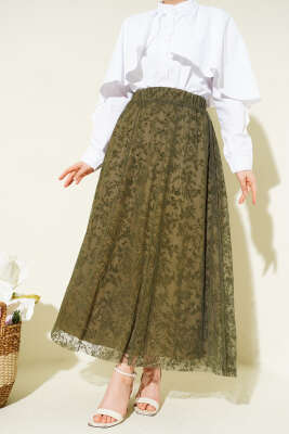 Beli Lastikli Çiçek Tül Etek Haki - TEGOE