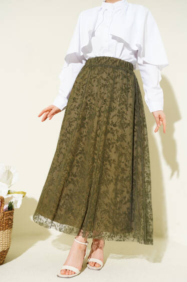 Beli Lastikli Çiçek Tül Etek Haki - Etek