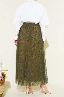 Beli Lastikli Çiçek Tül Etek Haki - Etek