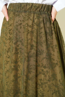 Beli Lastikli Çiçek Tül Etek Haki - Etek