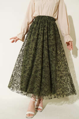 Beli Lastikli Çiçek Tül Etek Haki Kahve 