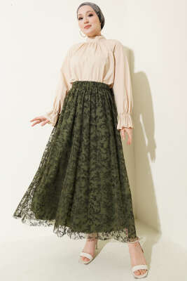 Beli Lastikli Çiçek Tül Etek Haki Kahve - Etek