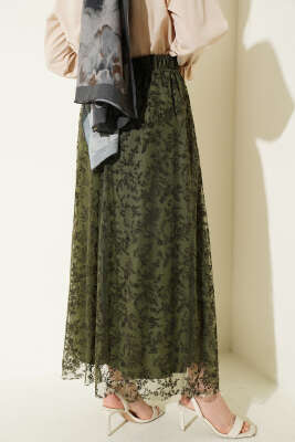 Beli Lastikli Çiçek Tül Etek Haki Kahve - Etek