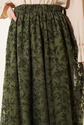 Beli Lastikli Çiçek Tül Etek Haki Kahve - Etek