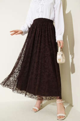 Beli Lastikli Çiçek Tül Etek Kahve 