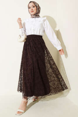 Beli Lastikli Çiçek Tül Etek Kahve - Etek