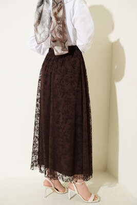 Beli Lastikli Çiçek Tül Etek Kahve - Etek