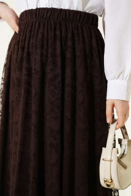 Beli Lastikli Çiçek Tül Etek Kahve - Etek