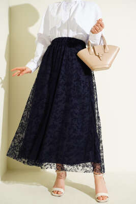 Beli Lastikli Çiçek Tül Etek Lacivert - TEGOE