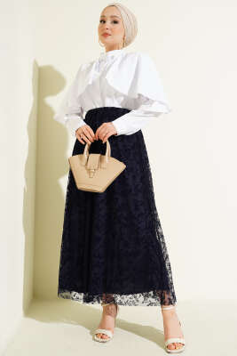 Beli Lastikli Çiçek Tül Etek Lacivert - Etek