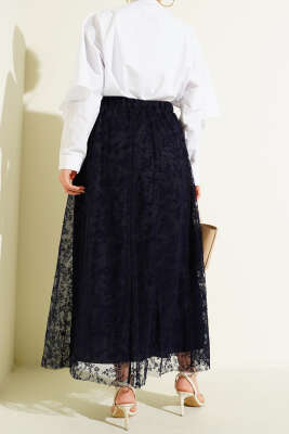 Beli Lastikli Çiçek Tül Etek Lacivert - Etek