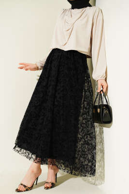 Beli Lastikli Çiçek Tül Etek Siyah - TEGOE