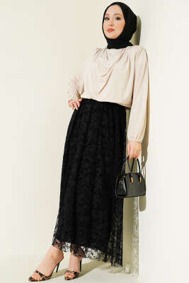 Beli Lastikli Çiçek Tül Etek Siyah - Etek