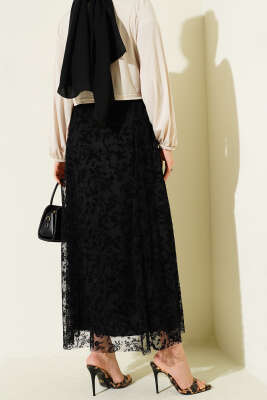 Beli Lastikli Çiçek Tül Etek Siyah - Etek