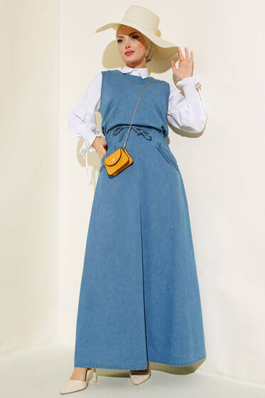 Beli Lastikli Çift Cep Kot Elbise Kot Mavisi - Elbise