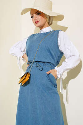 Beli Lastikli Çift Cep Kot Elbise Kot Mavisi - Tesettür Elbise