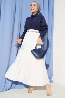 Beli Lastikli Çift Katlı Etek Ekru - Etek