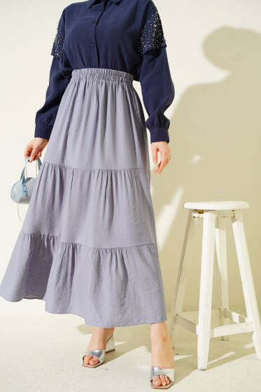 Beli Lastikli Çift Katlı Etek Gri - Etek