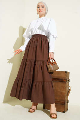 Beli Lastikli Çift Katlı Etek Kahve - Etek