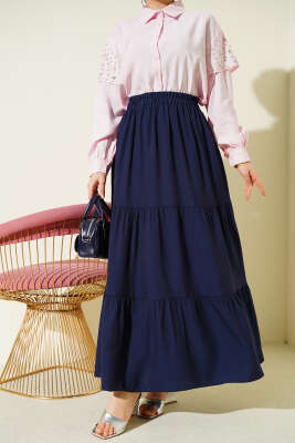 Beli Lastikli Çift Katlı Etek Lacivert - BERAT TEKSTİL