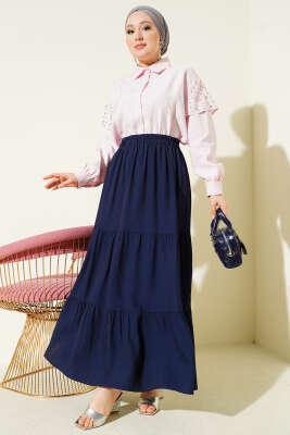 Beli Lastikli Çift Katlı Etek Lacivert - Etek