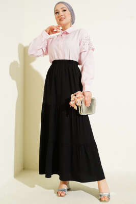 Beli Lastikli Çift Katlı Etek Siyah - Etek