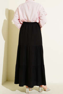 Beli Lastikli Çift Katlı Etek Siyah - Etek