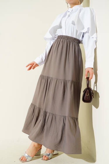 Beli Lastikli Çift Katlı Etek Vizon - Etek