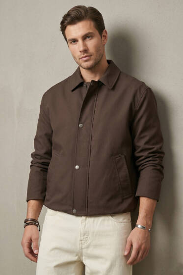 Beli Lastikli Çıtçıt Fermuarlı Erkek Ceket Kahve - Erkek Ceket