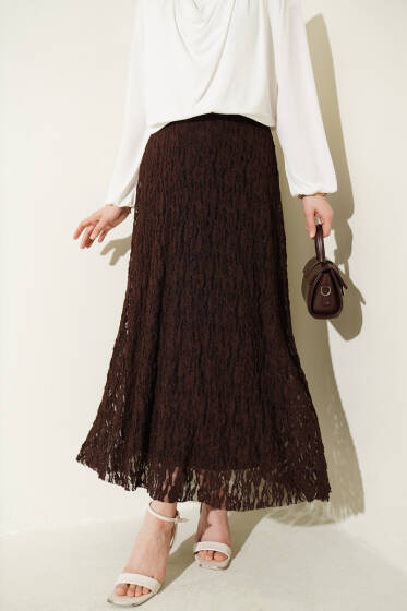 Beli Lastikli Dantelli Etek Kahve - Etek