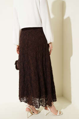 Beli Lastikli Dantelli Etek Kahve - Etek