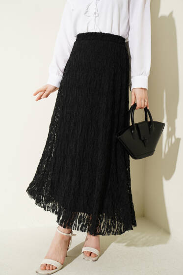 Beli Lastikli Dantelli Etek Siyah - Etek