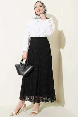 Beli Lastikli Dantelli Etek Siyah - Etek