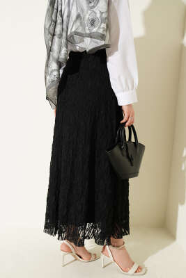 Beli Lastikli Dantelli Etek Siyah - Etek