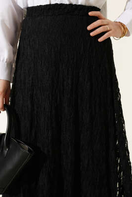 Beli Lastikli Dantelli Etek Siyah - Etek