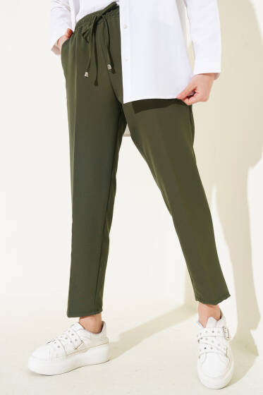 Beli Lastikli Dar Paça Pantolon Haki - Pantolon