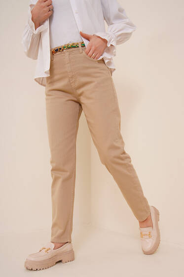 Beli Lastikli Denim Pantolon Bej - Pantolon