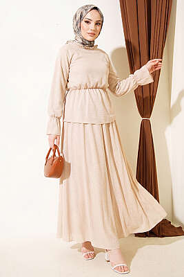 Beli Lastikli Desenli Etekli İkili Takım Bej - HBS