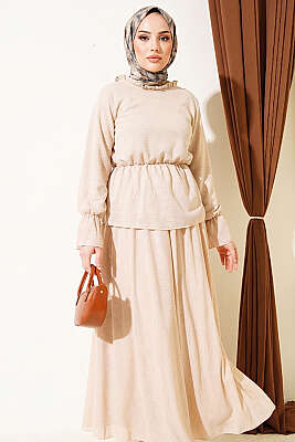 Beli Lastikli Desenli Etekli İkili Takım Bej - İkili Takım