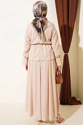 Beli Lastikli Desenli Etekli İkili Takım Bej - İkili Takım