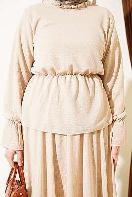 Beli Lastikli Desenli Etekli İkili Takım Bej - İkili Takım